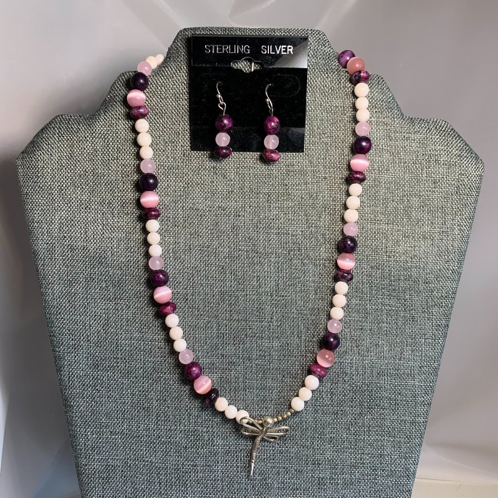 Sterling Silver Tourmaline Smooth Round Beaded Necklace Earring Set. (166)
